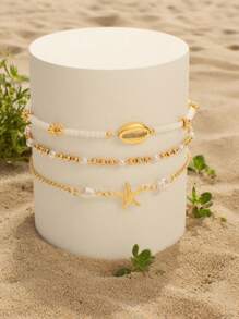 Set da 3 cavigliere estive alla moda con perline a forma di stella marina e conchiglia, versatili per uso quotidiano, spiaggia, feste, regalo