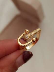 奢华马蹄形不锈钢戒指，镶嵌立方氧化锆，金银色防褪色开口戒指，女士，婚礼首饰，派对及节日配饰，送给女儿/妈妈/闺蜜的礼物 - JZ7564 - 查看 1