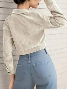 Women's Casual Elegant Corduroy Short Jacket, Drop Shoulder Design With Flap Pockets And Buttons