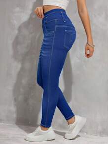 Leggings ajustados de alta elasticidad para mujer talla grande, patrón de estampado denim, suéter de punto cómodo y casual