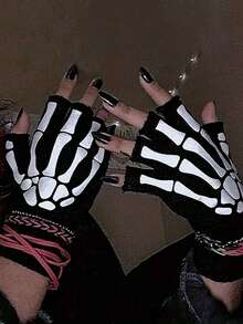 1 Pair Punk Gloves Unisex Halloween Skeleton Skull Half Finger Gloves Glow In The Dark Fingerless Stretch Knitted Mittens - Black and White - View 4