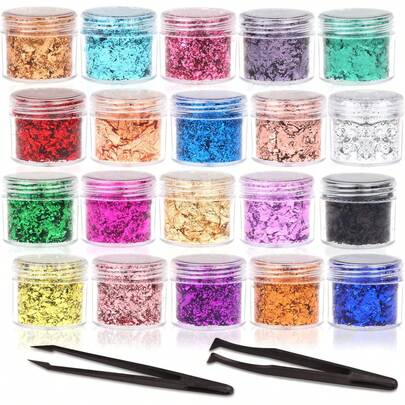 Gold Foil Flakes Set, 20 Bottles Gilding Flakes With Tweezers Resin, Nail Art, Painting, Slime & Crafts, Jewelry Making, Candle Molds