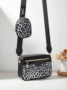 1 pieza Bolso pequeño para niñas con patrón de olas y letras en relieve, billetera para teléfono y monedero - Leopardo blanco y negro - Ver 7