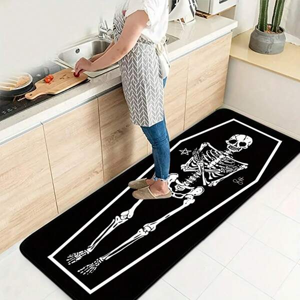 1 pieza Alfombra de cocina con diseño de ataúd de esqueleto de Halloween, apta para comedor, sala de estar, pasillo, alfombra de Halloween, alfombra de cocina, alfombra de cocina, felpudo, alfombra pequeña, alfombra, tapete, tapete de piso, decoración del hogar, alfombra de área, alfombra de exterior, decoración del hogar, alfombra de área, alfombra de dormitorio, alfombra lavable