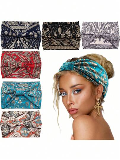 女士发带吸汗带 1 件/6 件套装女士瑜伽头带，透气交叉设计，波西米亚风格，圣诞节健身必备，节日运动发饰时尚发带秋季配饰