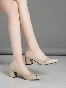 1 Pair Teens' Silver & Gold Glitter Pointed Toe Chunky Heel Slip-On Dress Pumps, Durable Outdoor Party High Heels