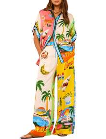 Fnortc Women's Summer Printed Two Piece Pajama Set Short Sleeve Button Top Drawstring Pants Pajamas - Green - View 1