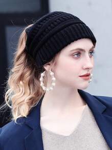 Damen Herbst/Winter Polyester Lässig einfarbige Strick Pferdeschwanz Beanie Mütze, einfach und modisch
