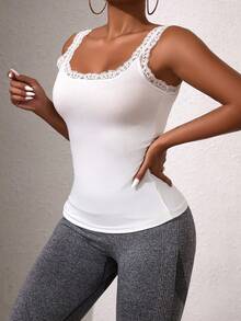 Customized Text Graphic Sleeveless T-Shirt With Lace Trim, Fitted Casual Tee In Stretchy Knit Fabric, Perfect Gift For Fitness Enthusiast Girlfriend - White - View 3