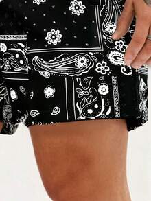 男士夏季拼色运动速干短裤，腰部抽绳，休闲沙滩短裤，佩斯利花卉印花，夏威夷 - 黑色 - 查看 6