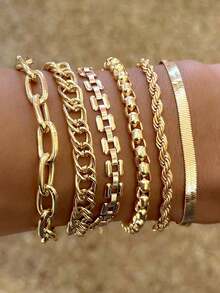 Set de 6 piezas de pulseras minimalistas de estilo punk con cadena de metal, combinación de moda con cuerda, serpiente y diseño retorcido, pulseras multicapa, regalo para mujer para vacaciones/citas, para combinar diariamente - Amarillo Oro - Ver 1
