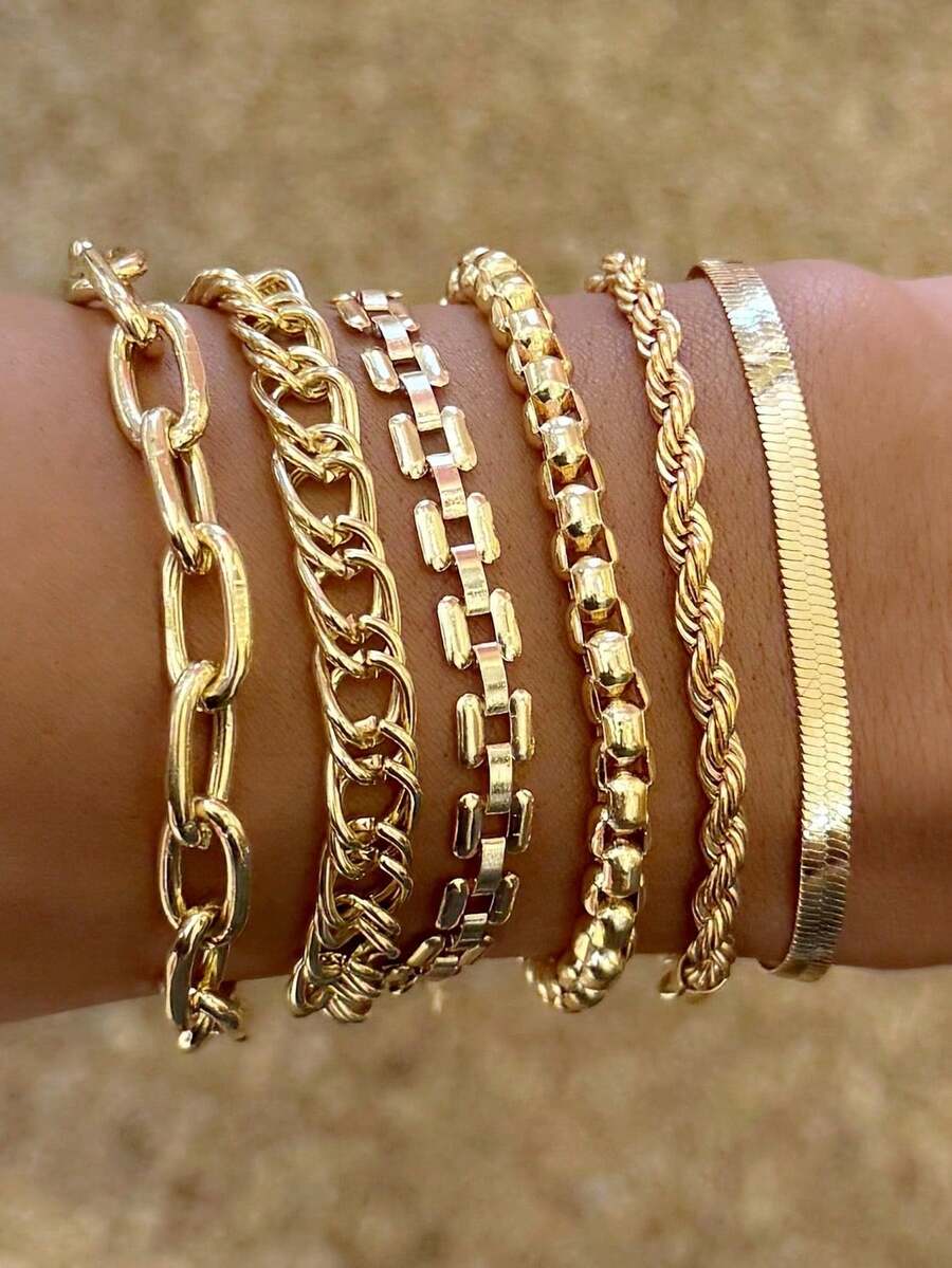 Set de 6 piezas de pulseras minimalistas de estilo punk con cadena de metal, combinación de moda con cuerda, serpiente y diseño retorcido, pulseras multicapa, regalo para mujer para vacaciones/citas, para combinar diariamente - Amarillo Oro - Ver 1