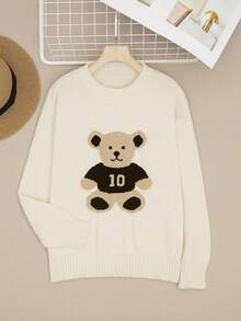 Fall Women Clothes Beige Basic Bear Embroidered Women Sweater School Clothes Cute Tops Streetweat Old Money Style Women Teacher Outfits For Women - Burgundy - View 4