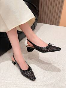 Xin Jing Shoes 女式高跟方头蝴蝶结编织时尚百搭踝带粗跟浅口鞋 - 黑色 - 查看 7