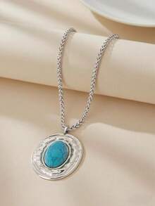 1 件蛇皮链金属椭圆形仿绿松石吊坠项链珠宝配饰 - 适合女性日常佩戴 - 銀色+綠松石 - 查看 3