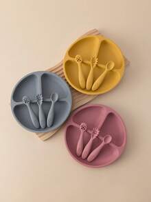 PopLittleOne 4PCS Baby Silicone Tableware Sets Suction Baby Dishes Soft Kids Utensils Feeding Training Baby Meal Tray Non-Slip Three-Frame Plate For Boy Girl - Multicolor - View 3