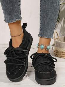 Damen warme Schneestiefel, Lässig Schuhe, neue Samt-Kunstpelz Patchwork Ankle Boots, flache dicke Sohle Schneestiefel für den Winter