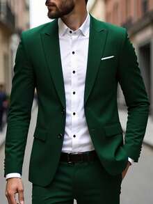 Men's Fashion 3 PiecesSuit Set, Includes Slim-Fit Blazer, Double-Breasted Vest, Pants, Business/Formal Attire For Work & Occasions - Green - View 2