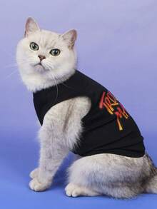 LUCKIE LABO 1pc Trouble Maker Pattern Print Anti-Flea, Reduce Shedding, Insulating & Breathable Vest For Cats & Dogs, Indoor & Outdoor Use - Black - View 4