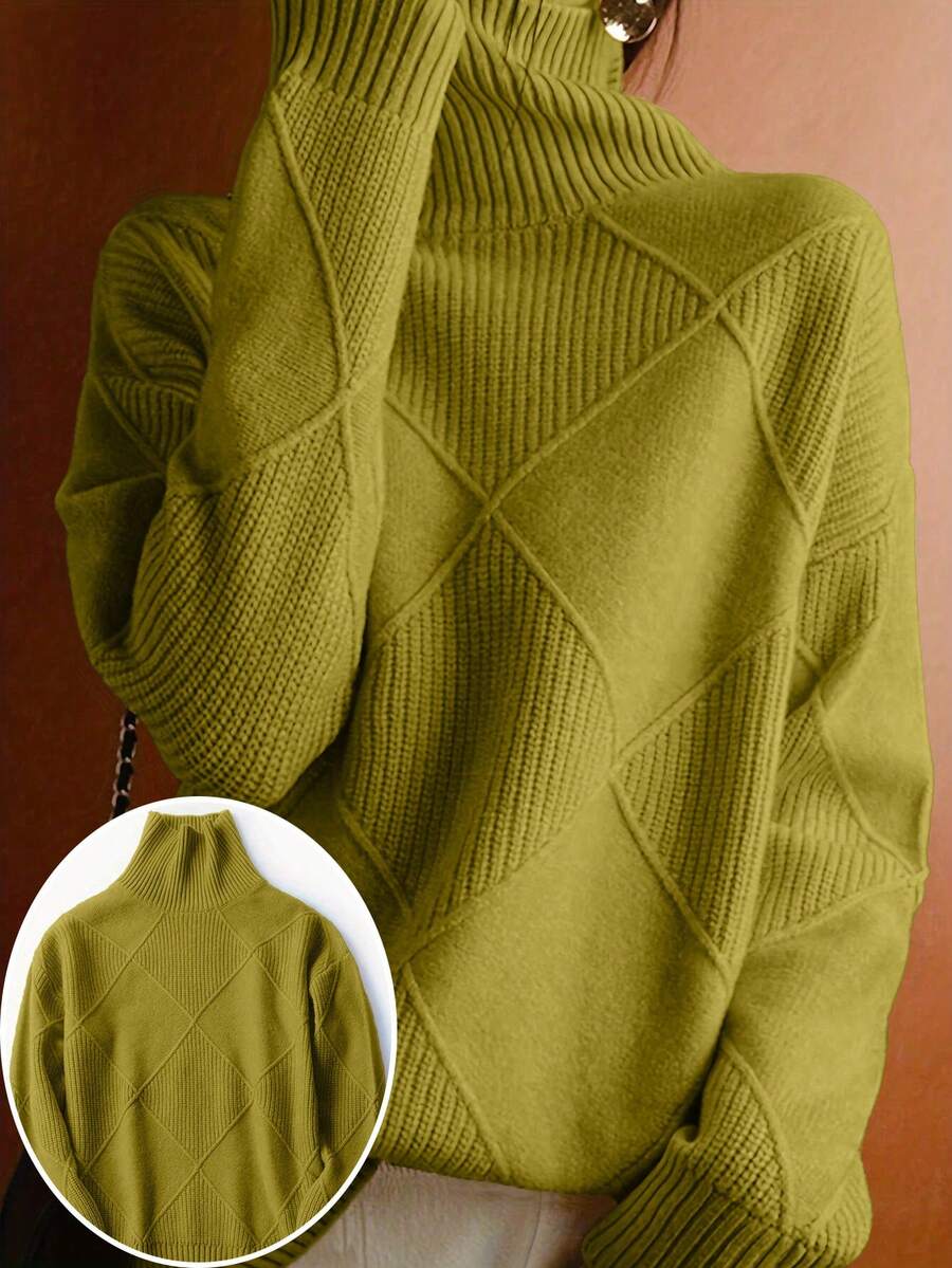 Herbst/Winter Lässig Damen Pullover Sweater mit Rollkragen in Große Größen - Olivgrün - Übersicht 1
