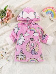Baby GirlFluffy Cute Casual Comfortable Long Sleeve Hooded Dress, Unicorn & Mermaid Pattern, Suitable For Autumn/Winter