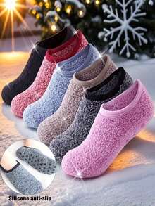 1 Pair Of Women's Coral Fleece Warm Floor Socks, Unisex, With Underfoot Dot Rubber Non-Slip Socks, Non-Slip Knitted Fabric, Hand Washable, Winter Home Use Socks, Christmas Decoration Socks, Cozy - Multicolor - View 1