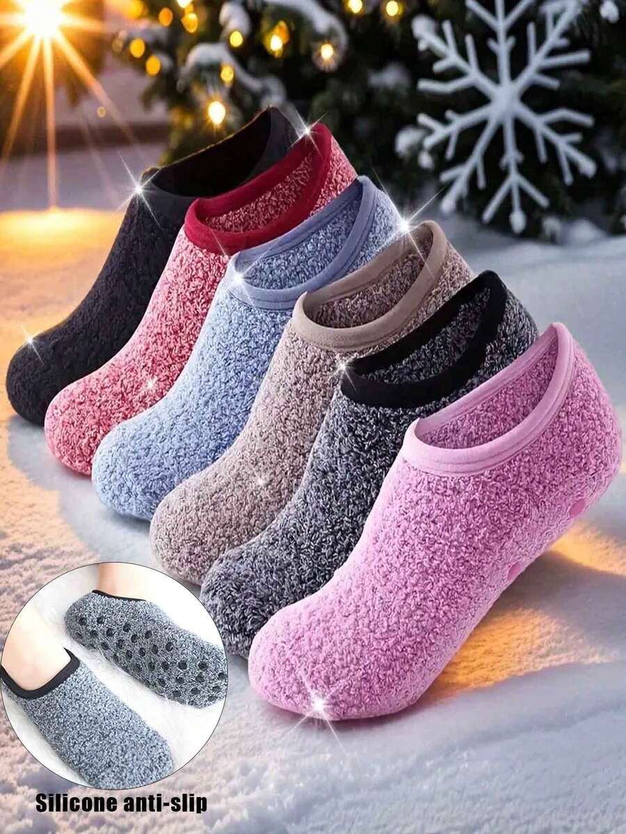 1 Pair Of Women's Coral Fleece Warm Floor Socks, Unisex, With Underfoot Dot Rubber Non-Slip Socks, Non-Slip Knitted Fabric, Hand Washable, Winter Home Use Socks, Christmas Decoration Socks, Cozy - Multicolor - View 1