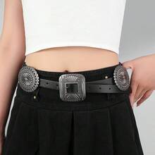 1件装女士金属雕花方形扣西部牛仔腰带，波西米亚风连体裤/连衣裙PU皮腰带 - 黑色 - 查看 8