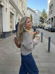 Women Autumn And Winter New Oatmeal V-Neck Long-Sleeved Knitted Cardigan, Elegant, Casual Loose Cardigan, Daily, Holiday, Dating, Graduation, Back To School - Khaki - View 4