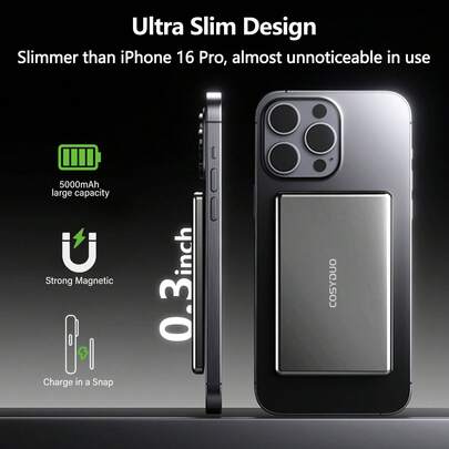 COSYDUO Slim Magnetic Battery Pack 5,000mAh Wireless Magnetic Power Bank Battery Pack, Ultra Slim 0.33IN Portable Charger For I-Phone 16/15/14/13/12, Compact Power Bank With USB C 20W Fast Charging Suitable For Summer Holiday Outdoor Travel/Camping And Hand Free Emergency Backup Mobile Power Supply Gifts For Family, Friends, Birthday Magnetic Wireless Nan