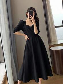 Vestidos largos de mujer Hepburn vintage cuello en v largo temperamento vestidos largos - Negro - Ver 4