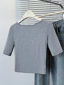 Minimalistic U-Neck Middle Sleeve T-Shirt, Design Style, Slim Fit Cropped Top For Summer - Grey - View 7