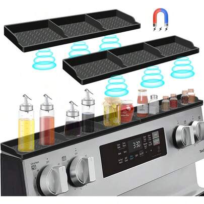 ALQD Stove Top Silicone Shelf,30 Inch Shelf Over Stove Spice Rack,Organizer Above Stovetop Back Of Flat Storage Suctioned-Black