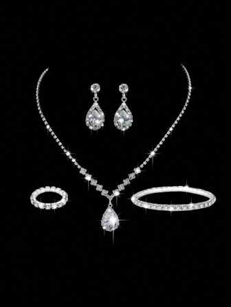 5 件闪亮水钻首饰套装，粉色 Y2K 别致耳环、戒指、手链、项链组合，新娘婚纱配饰