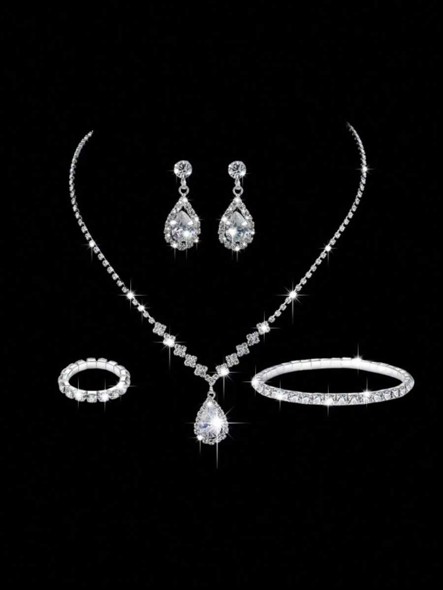 Bộ trang sức đính đá lấp lánh 5 món, hoa tai Y2K sang trọng màu hồng, nhẫn, vòng tay, vòng cổ, phụ kiện váy cưới cô dâu - trắng - Xem 1