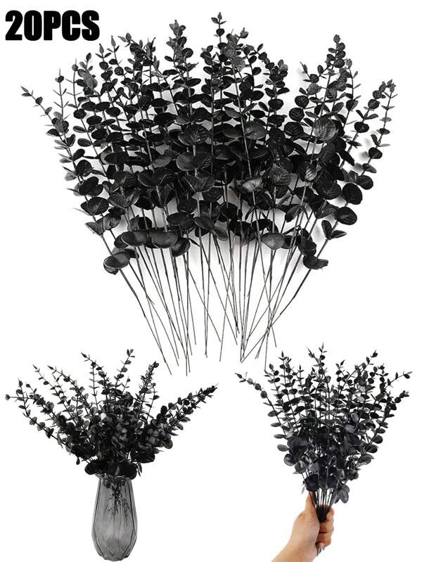 20PCS Black Eucalyptus Stems Artificial Plants Faux Eucalyptus Branches Faux Eucalyptus Stem For Halloween Home Party Floral Arrangement Farmhouse Decor DIY Crafts, Valentine Day, Gift Gifts Birthday Graduation,Garden Decor,Outdoor Plant,Gardening,Fake Flowers, Halloween Autumn Fall Floral Arrangement Wedding Bouquet Home Office