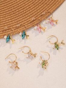 1 对金色海洋风格耳环，配珍珠、粉色贝壳和鱼尾吊坠，甜美童话海洋元素设计，适合度假佩戴 - 彩色 - 查看 2