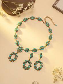 1 件项链 1 对耳环套装，复古波西米亚绿松石金项链耳环套装，奢华绿松石雕花金属项链耳环套装，独特的绿松石首饰套装，时尚绿松石镶嵌复古项链耳环组合