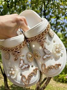 14 件/套可拆卸装饰鞋花，DIY 仿珍珠花、蝴蝶结、心形、金色蝴蝶装饰链，可爱的鞋配件适用于木屐、空心木底鞋、凉鞋、拖鞋、沙滩鞋，四季皆宜，是理想的完美礼物 - 金色 - 查看 3