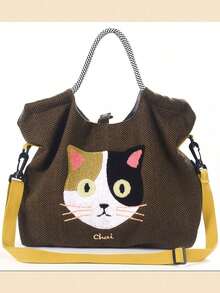 新款卡通猫刺绣大容量斜挎包，女士时尚手提包 - 彩色 - 查看 14