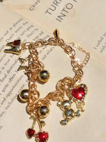 Renaissance Vintage Teddy Bear Charm Bracelet Y2K Cherry Charm Bracelet Party Music Festival Disco Ball Charm Bracelet Red Heart Charm Bracelet Valentines,Mom,Mother,Mother's Day,Gift