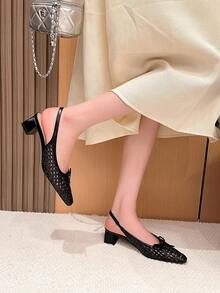 Xin Jing Shoes 女式高跟方头蝴蝶结编织时尚百搭踝带粗跟浅口鞋 - 黑色 - 查看 5