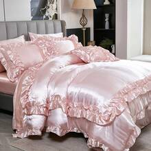 8 Pieces Black Satin Comforter Set King Size With Sheet Set Luxurious Soft And Silky Comforter Set Farmhouse Style Black Rufle Fringe Design Boho Comforter Silk Like Satin Bedding Set - 淺粉色 - 查看 7