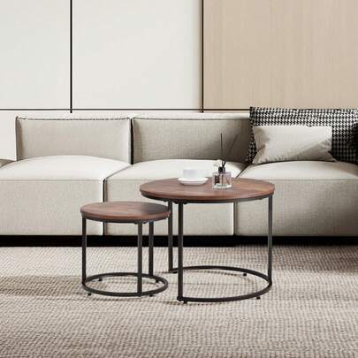 Nesting Coffee Table Set Of 2, 23.6 In Round Coffee Table, Nesting Tables For Small Place, End Side Tables Night Stand With Metal Frame, For Living Room, Bedroom, Office (Vintage Brown & Black)