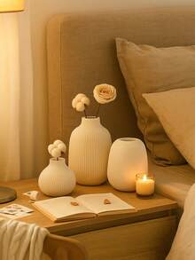 White Ribbed Resin Vase - Modern Minimalist Decor Piece, Available In Multiple Sizes, Lightweight Design, Suitable For Bedroom, Entryway, Living Room And Gift Display, Home Decor, Room Decor, Vase, Glass Vase - Multicolor - View 3