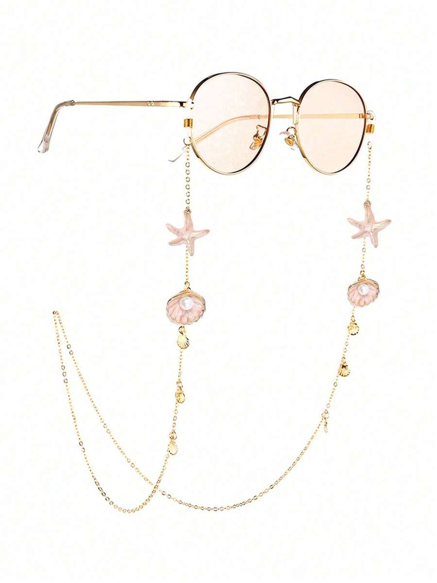 1pc Fashion Starfish & Shell Decorated Eyeglasses Chain, Women's Ocean Style Metal Fashion Glasses Chain, Women's Anti-Slip Glasses Chain, Suitable As Travel & Holiday Fashion Glasses Accessory - Baby Pink - View 1