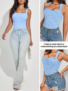 Women's Bodysuits Sexy Ribbed Strappy Square Neck Sleeveless Tummy Control Tank Tops Bodysuits