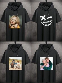 Customized Men's Hooded T-Shirt, Front Customized Design/Anime Character/Celebrity/Customized Photo/Customized Team Logo/Customized Pattern/Customized Couple Photo/Customized Pet Photo, Casual Sports Wear Men T-Shirt - Black - View 2