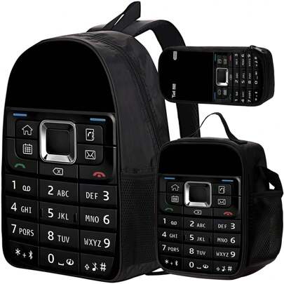 3PCS School Bag, Cell Phone Pattern, Book Bag, 17" Backpack, Lunch Bag, Pen Pouch