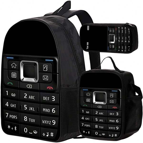 3PCS School Bag, Cell Phone Pattern, Book Bag, 17" Backpack, Lunch Bag, Pen Pouch